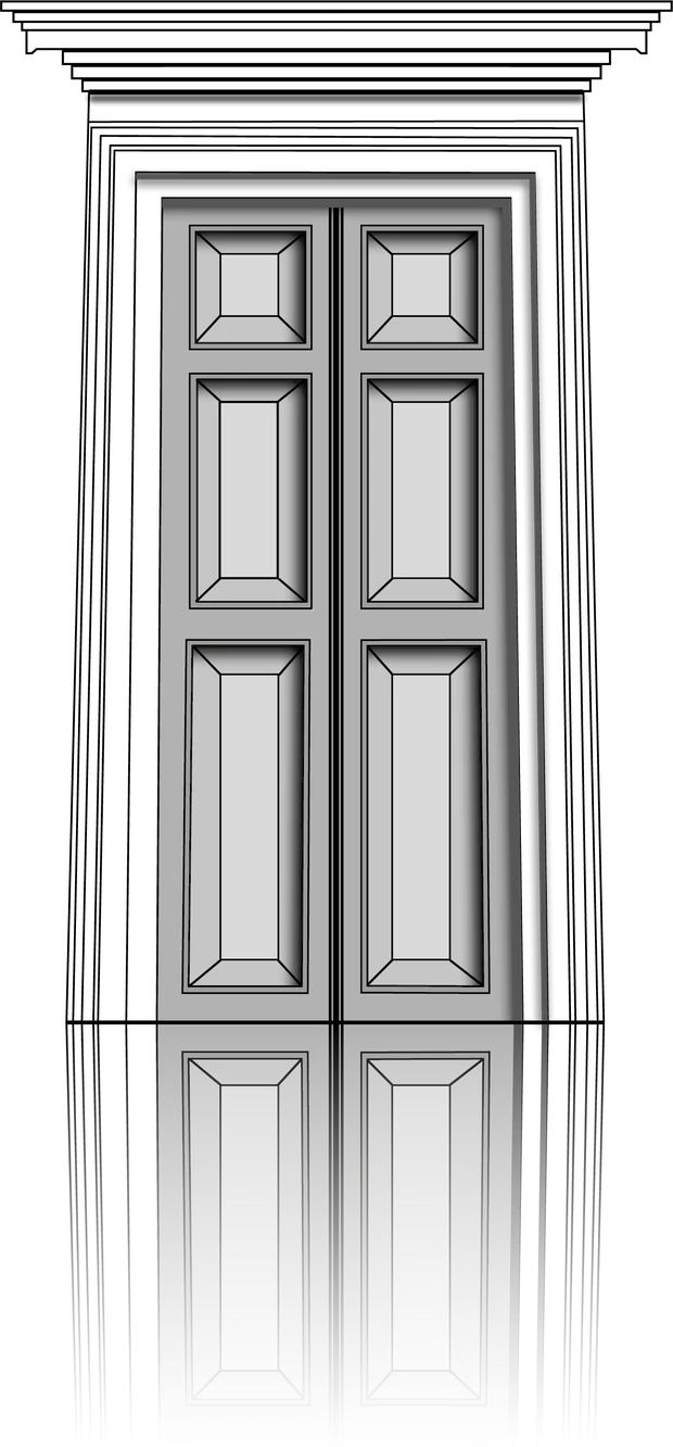 Classical double doors with a cornice, mirrored in the floor.
